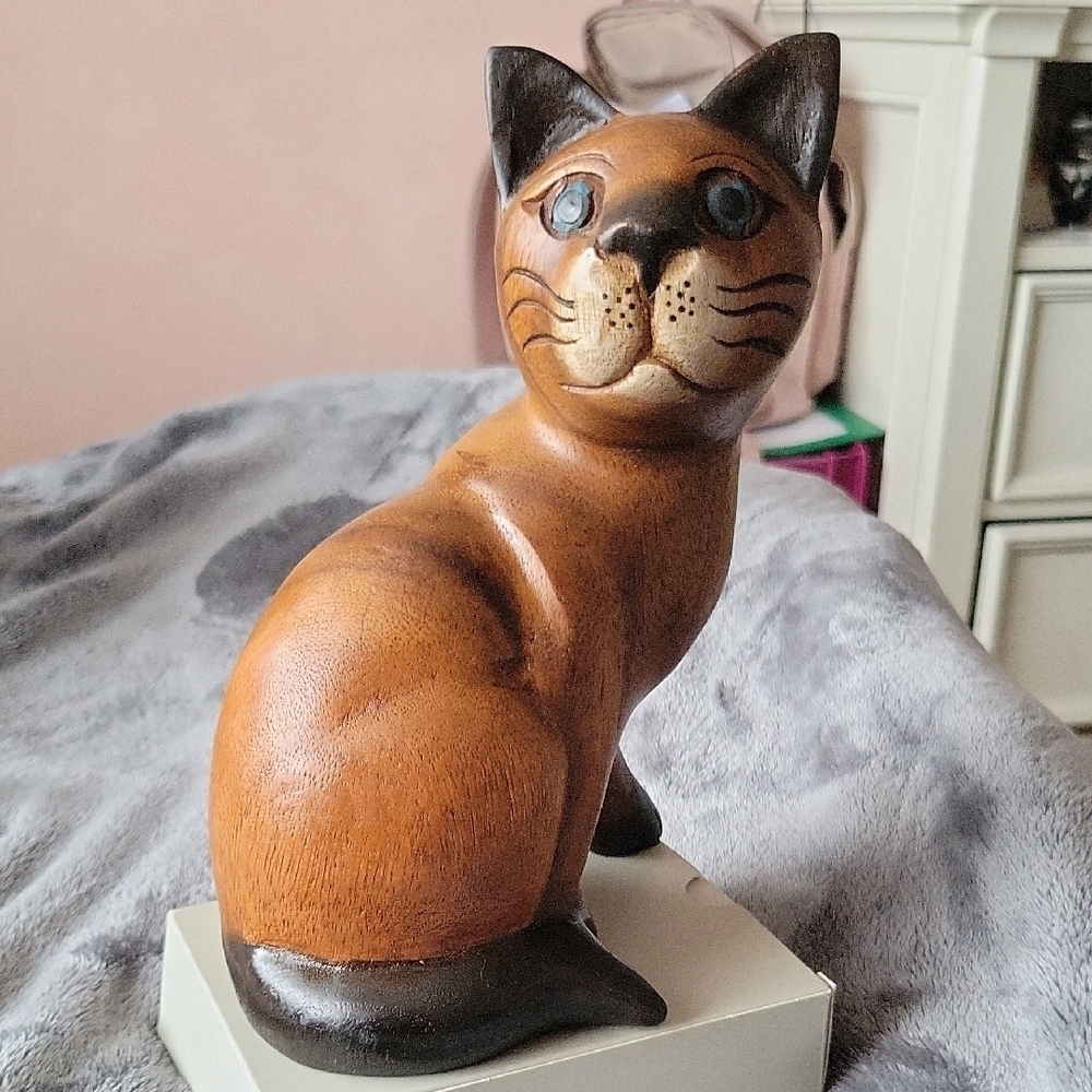 Handcrafted Wooden Cat Figurine - Brown and Black.30
